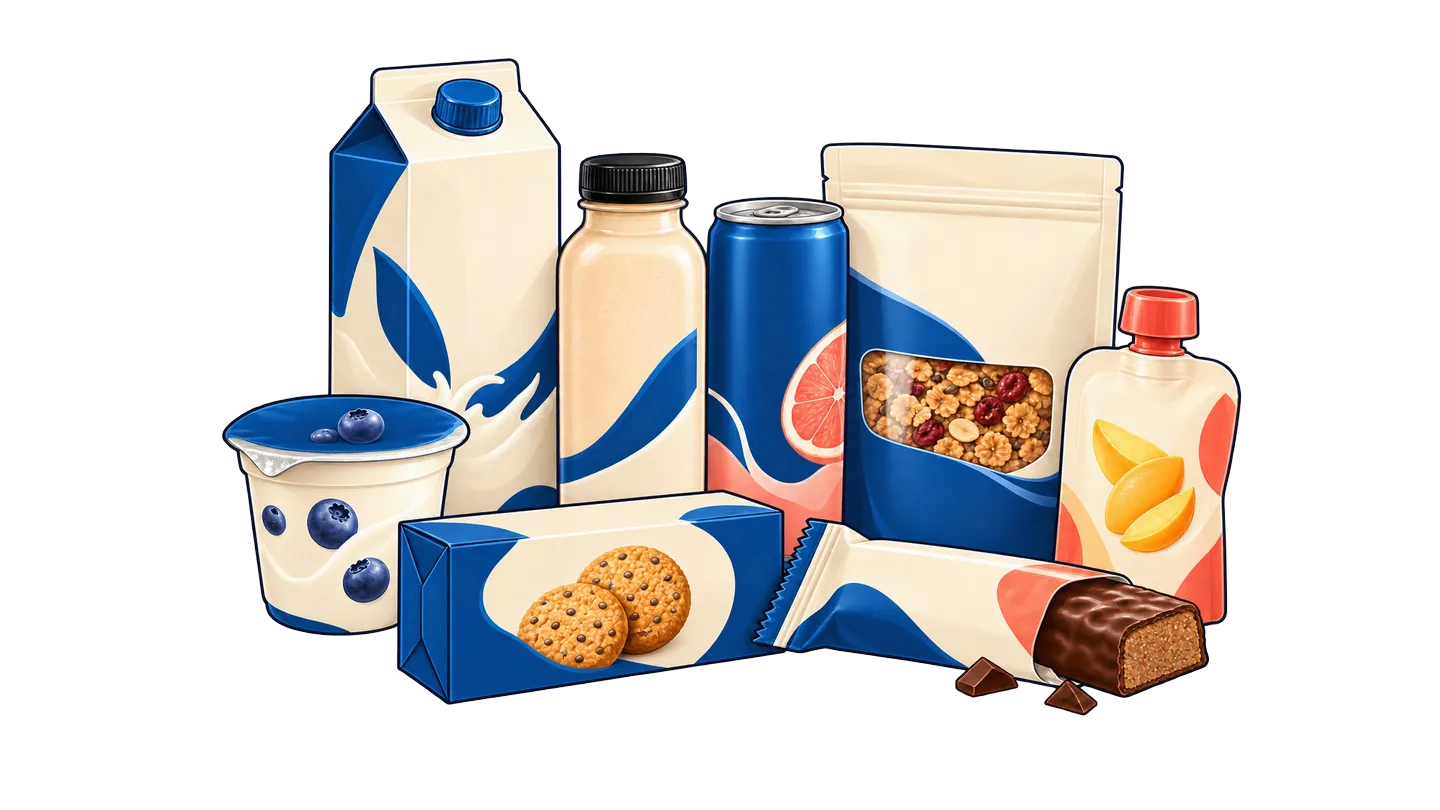 Illustrated food and beverage packaging: a carton, a bottle, a can, a pouch, a yogurt cup and snack bars
